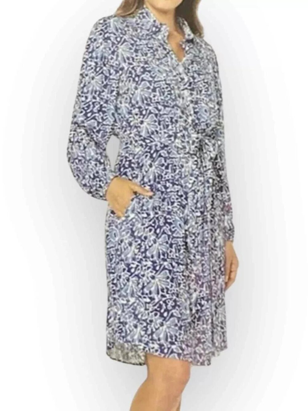 Well Worn Women's Size Small Blue Crepe Tie-Belt Long Sleeves Button Dress NWT